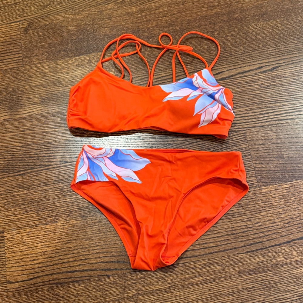 Athleta Bright Orange Bikini with Blue Floral Pattern